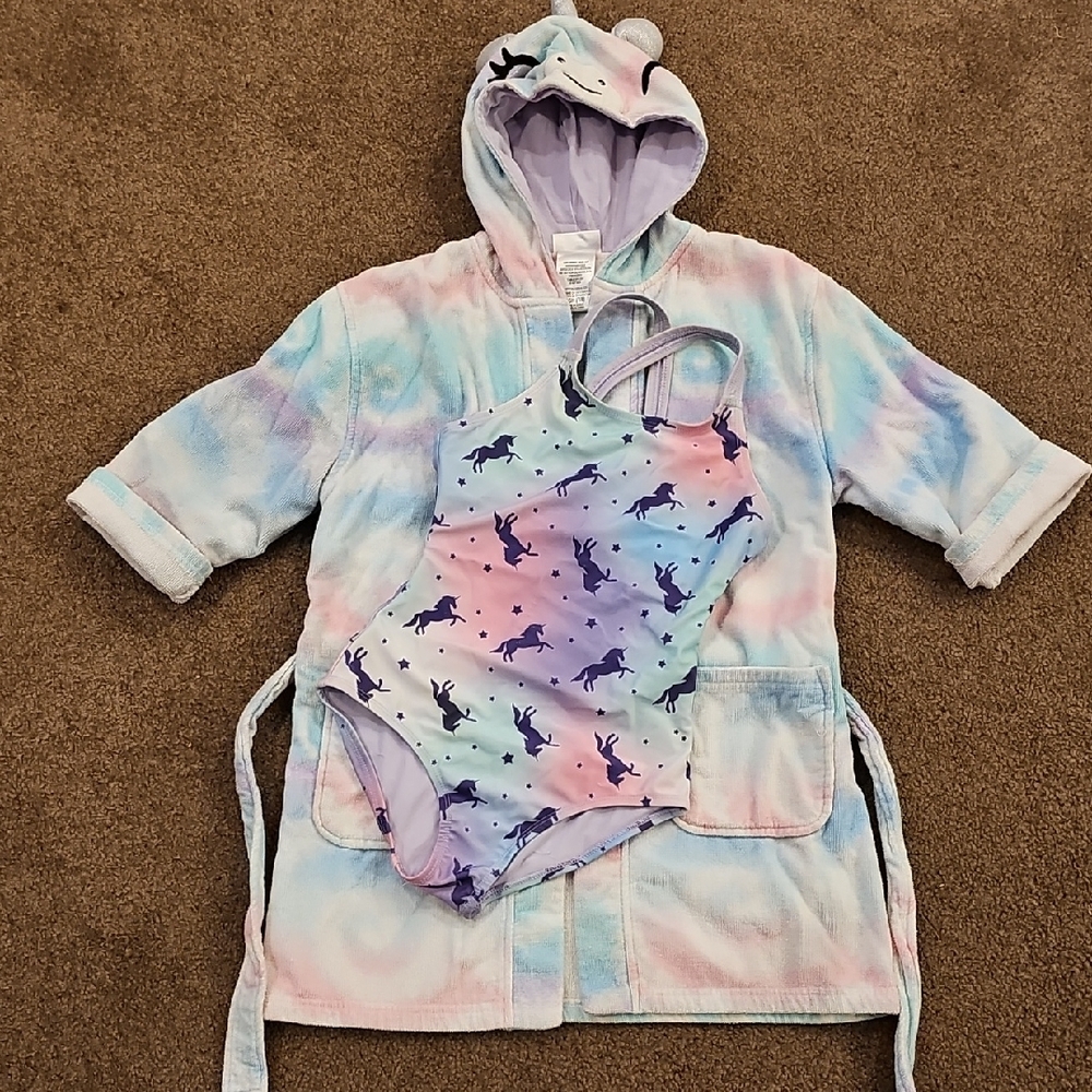 Unicorn Print Kids Swimsuit and Pastel Robe Set